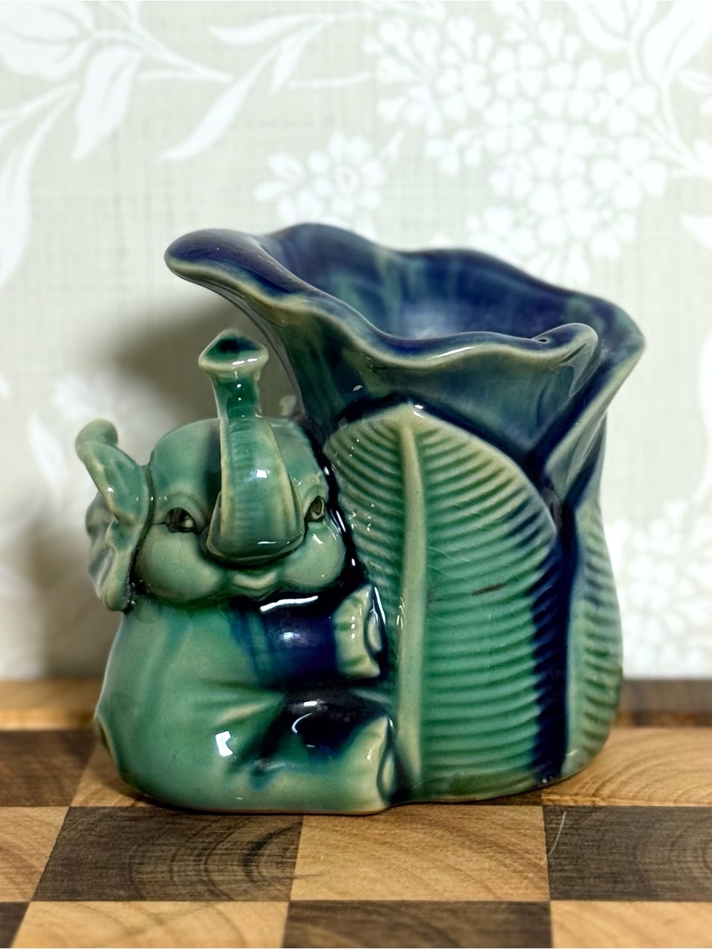Vintage Green and Blue Ceramic Elephant Vase